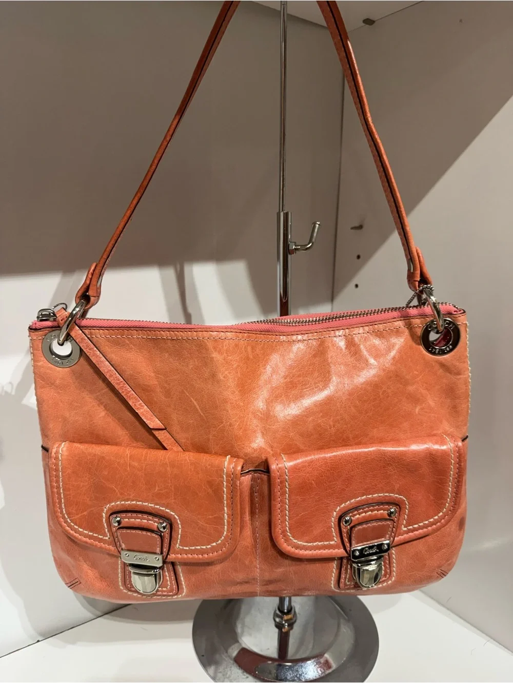 Coach y2k Orange Leather Shoulder Bag with Front Buckle Pockets